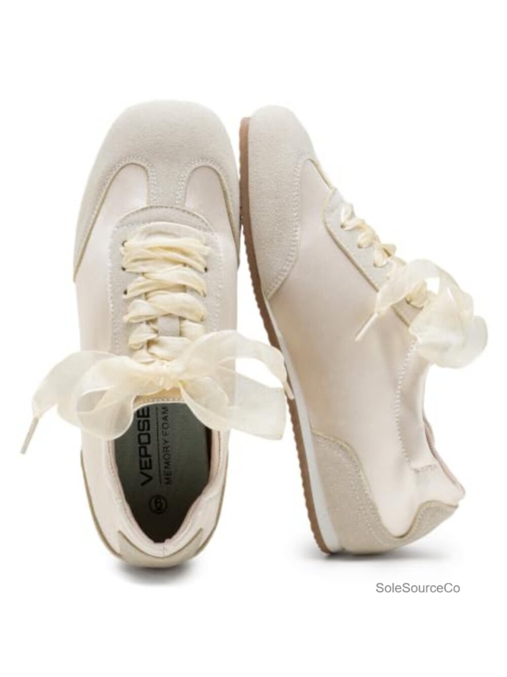 Vepose Square Toe Satin Suede Ballet Sneakers Lace-Up Trainers